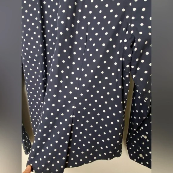 Chaps Blue and White Tie Front Blouse with Mandarin Collar - Picture 5 of 6